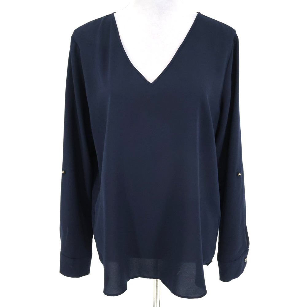 Ann Taylor Top Womens Large Dark Navy Blue Blouse Crepe Lagenlook Roll Tab Slvs